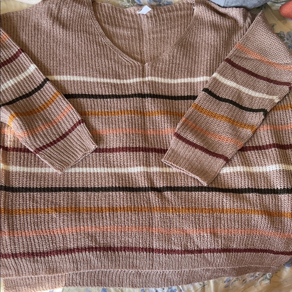 Wishlist V-Neck Sweater - Tan and Multicolor Stripes
